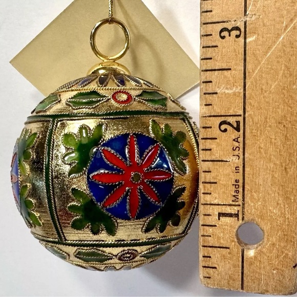 Cloisonné Enamel Ornament Gold Plate Red Blue Green Flower & Holly Artisan Made - Picture 10 of 13